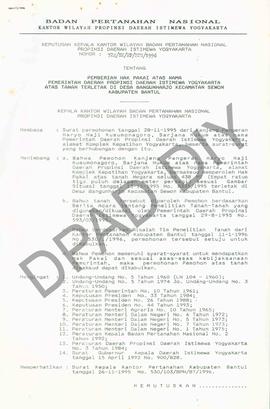 Surat Keputusan Kepala   Kantor Wilayah Badan Pertanahan Nasional Provinsi DIY. No : 724 /SK / HP...
