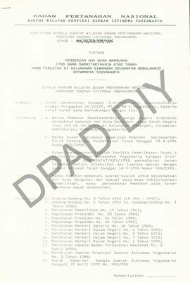 Surat Keputusan Kepala Kantor Wilayah Badan Pertanahan Nasional Provinsi DIY. No :  006 /SK / HGB...