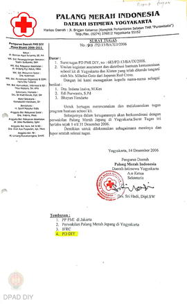 Surat tugas untuk membantu distribusi logistic program recovery PMI cabang Kota Yogyakarta period...