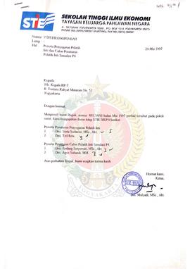 Surat dari Ketua Sekolah Tinggi Ilmu Ekonomi Yayasan Keluarga Pahlawan Negara (STIE YKPN) Yogyaka...
