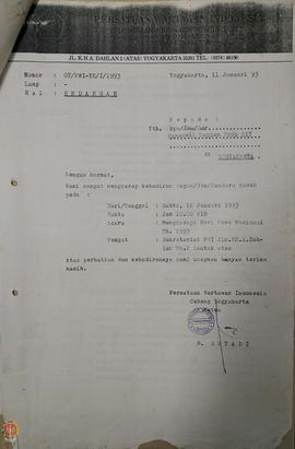 Surat dari Ketua Persatuan Wartawan Indonesia Cabang Yogyakarta kepada Kepala Kantor Wilayah Depa...