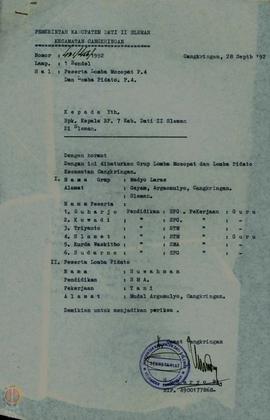 . - Surat dari Camat Cangkringan Untuk Kepala BP-7 Kabupaten Dati II Sleman No. 431/456/1992 Tang...