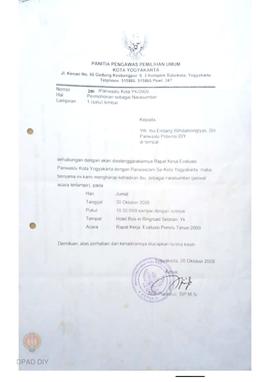 Surat  dari Panwaslu Kota Yogyakarta kepada Ibu Endang Wihdatiningtyas, SH Panwaslu Propinsi DIY ...