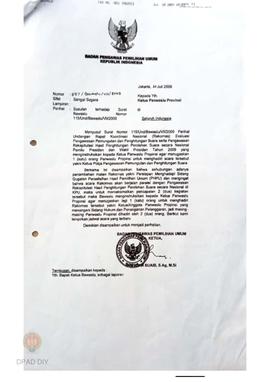 Surat dari Badan Pengawas Pemilihan Umum RI No: 557/Bawaslu/VII/2009 perihal Susulan terhadap Sur...