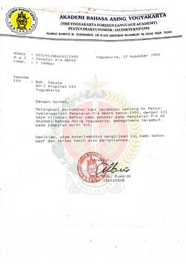 Surat dari Direktur Akademi Bahasa Asing Yogyakarta kepada Kepala BP-7 Provinsi Daerah Istimewa Y...