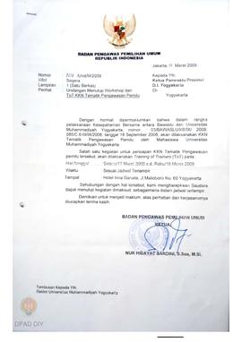 Surat dari  Badan Pengawasan Pemilihan Umum RI kepada Ketua  Panwaslu Provinsi DIY perihal Worksh...