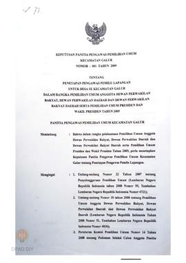 Keputusan Panitia Pengawas Pemilihan Umum Kecamatan Galur No. 001 Tahun 2009 tentang Penetapan Pe...