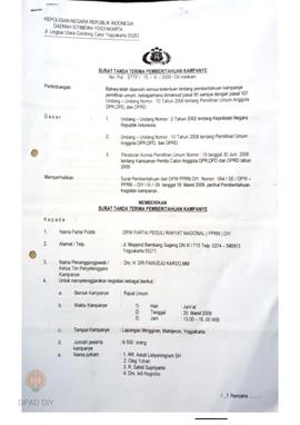Surat dari Polda Daerah Istimewa Yogyakarta kepada Partai Peduli Rakyat Nasional Daerah Istimewa ...