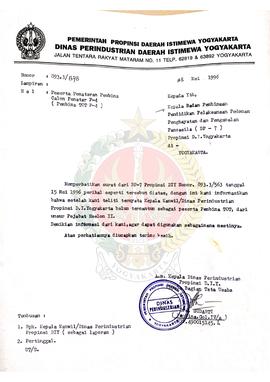Surat dari Kepala Bagian Tata Usaha Dinas Perindustrian Provinsi Daerah Istimewa Yogyakarta kepad...