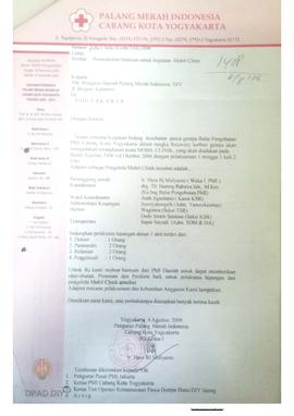 Surat dari PMI Cabang Yogyakarta untuk pengurus daerah PMI DIY perihal permohonan bantuan untuk k...
