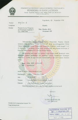 Berkas surat perihal penugasan Dra. Siti Nurhayati untuk mengikuti kursu pengawasan keuangan angk...