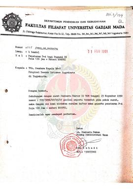 Surat dari Dekan ub. Pembantu Dekan Bidang Administrasi Umum Fakultas Filsafat Universitas Gadjah...