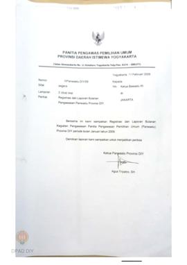Surat dari Panwaslu DIY kepada Ketua Bawaslu RI perihal registrasi dan laporan bulanan kegiatan P...
