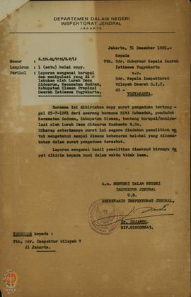 Surat dari Inspektorat Jenderal Departemen Dalam Negeri Jakarta kepada Gubernur Kepala DIY periha...