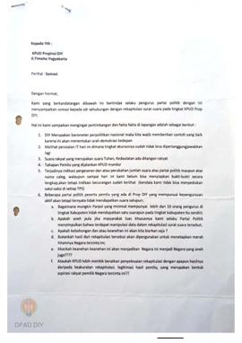 Surat dari Perwakilan Partai Politik dan Masyarakat Umum kepada KPUD Provinsi DIY perihal perhitu...