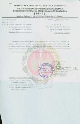 Surat dari Sekretaris atas nama Kepala BP-7 Pemerintah Kabupaten Daerah Tingkat II Bantul kepada ...