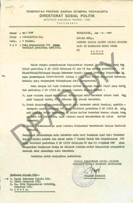 Surat dari Direktorat  Sosial Politik DIY kepada Kepala Kantor Sosial Politik Kabupaten Kulon Pro...