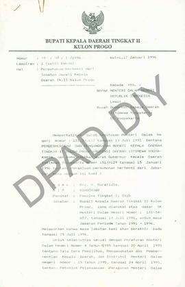 Surat Bupati Kulon Progo, Drs. H. Suratidjo kepada Menteri Dalam Negeri tentang permohonan berhen...