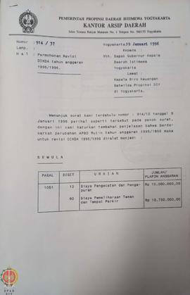 Bendel surat permohonan revisi Daftar Isian Kegiatan Daerah (DIKDA) tahun anggaran 1995/1996.