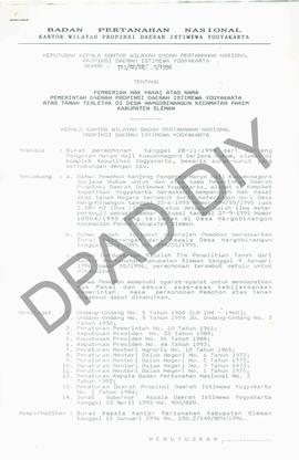 Surat Keputusan Kepala Kantor Wilayah Badan Pertanahan Nasional Provinsi DIY. No : 718/SK / HP / ...