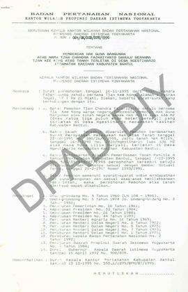 Surat Keputusan Kepala Kantor Wilayah Badan Pertanahan Nasional Provinsi DIY. No : 001/SK / HGB /...