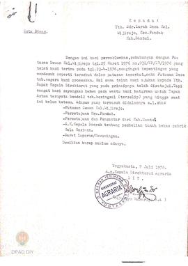 Surat dari Kepala Direktorat Agraria DIY tertanggal 7 Juli 1976 kepada Lurah Desa Kelurahan Wijir...
