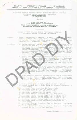 Surat Keputusan Kepala   Kantor Wilayah Badan Pertanahan Nasional Provinsi DIY. No : 007 /SK / HM...