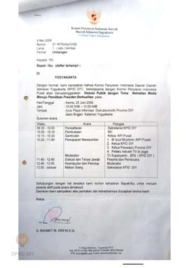 Surat dari KPID DIY untuk Ketua  Panwaslu Provinsi DIYNomor : 57 / KPID  / DIY / V / 2009 perihal...