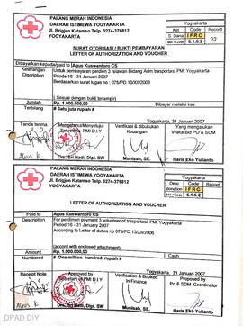 Surat otorisasi/bukti pembayaran kepada Agus Kuncoro cs untuk pembayaran perdiem 3 relawan bidang...