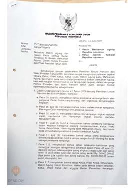 Surat dari Badan Pengawas Pemilihan Umum Republik Indonesia kepada Ketua  Mahkamah Agung Republik...