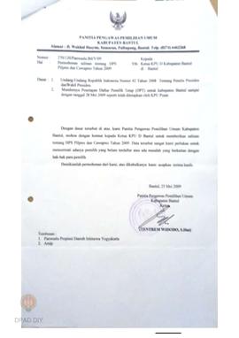 Surat dari Panitia Pengawas Pemilihan Umum Kabupaten Bantul tentang permohonan salinan DPS Pilpre...