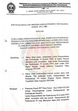Berkas surat perihal pelaksanaan penyelengggaraan Lomba P2P4 di Provinsi Daerah Istimewa Yogyakar...