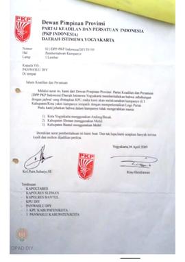 Surat masuk dari DPP Partai Keadilan dan Persatuan Indonesia kepada Panwaslu Daerah Istimewa Yogy...