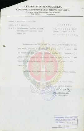 Surat dari Kepala Kantor Wilayah Departemen Tenaga Kerja Daerah Istimewa Yogyakarta kepada Kepala...