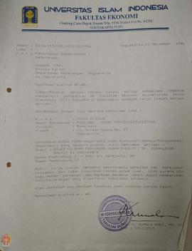 Surat dari Dekan Fakultas Ekonomi Universitas Islam Indonesia kepada Kepala Kantor Departemen Pen...
