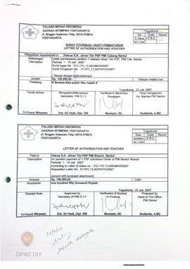 Surat otorisasi/bukti pembayaran untuk pembayaran perdiem relawan PSP PMI cabang Bantul periode M...