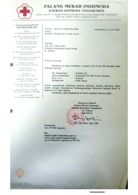 Surat dari pengurus daerah PMI DIY kepda PMI Cabang Kulonprogo tentang pengiriman truck PMI untuk...