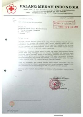 Surat dari PMI Pusat kepada PMI Jateng dan DIY perihal data / rekap warga korban gempa dan tsunam...