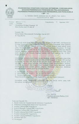 Surat dari Kepala BP-7 Daerah Istimewa Yogyakarta kepada Ketua Badan Musyawarah Perbankan Daerah ...
