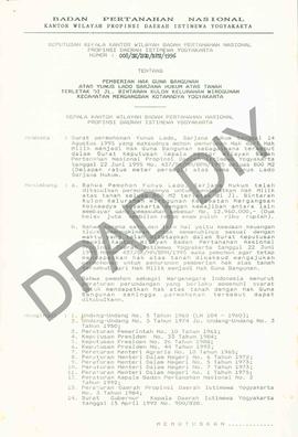 Surat Keputusan Kepala   Kantor Wilayah Badan Pertanahan Nasional Provinsi DIY. No :  008 /SK / H...
