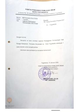 Surat dari Panitia Panwaslu Kota Yogyakarta untuk Ketua Panwaslu Provinsi DIY tentang laporan pel...