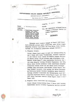 Surat nomor 190/BPR/K/IV/80 dari Sekretariat Jenderal Kepala Biro Perencanaan kepada Sekwilda Pro...