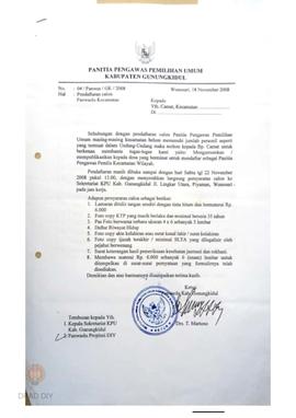 Surat  dari Panwaslu Gunungkidul kepada Camat perihal pendaftaran calon Panwaslu.
