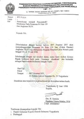 Surat dari Kepala BP-7 Daerah Istimewa Yogyakarta kepada – Perihal Permohonan menjadi Penceramah ...
