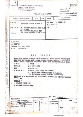 Surat kawat dari Gubernur Kepala daerah DIY No. 005/525 tanggal 25 Juni 1985 kepada Bupati/Waliko...