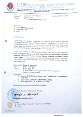 Undangan dari Lembaga Ombudsman DIY kepada Ketua  Panwaslu dan KPU tentang permohonan menjadi nar...