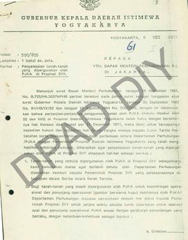Surat dari Gubernur DIY kepada Menteri Perhubungan tentang tanah yang dipergunakan oleh PJKA di P...