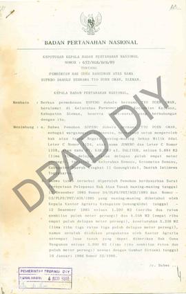 Keputusan Kepala  Badan Pertanahan Nasional Provinsi DIY Nomor : 637/HGB/BPN/1989 tentang Pemberi...