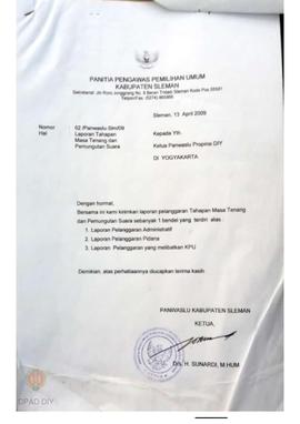 Surat dari Panitia Pengawas Pemilihan Umum Kabupaten Sleman mengenai laporan tahapan masa tenang ...