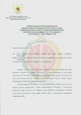 Sambutan Menteri Koordinator Bidang kesejahteraan Rakyat pada acara Pembukaan Penataran P-4 bagi ...